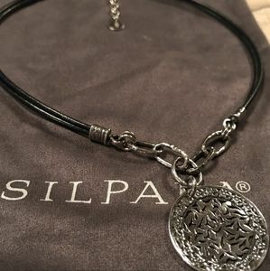 Silpada 925 Sterling Silver Etched Black Leather Sunburst Filigree Pendant Neckl